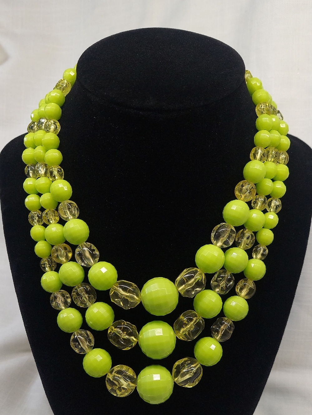 14" Lime and Yellow Transparent Beaded Multi-Strand Necklace - Unbranded Vintage